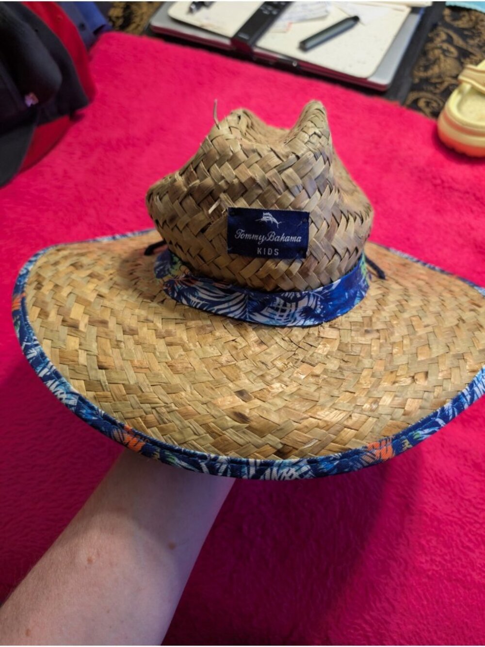 Tommy Bahama Kids Straw Lifeguard Hat Tropical Palm Print Wide Brim Sun Beach